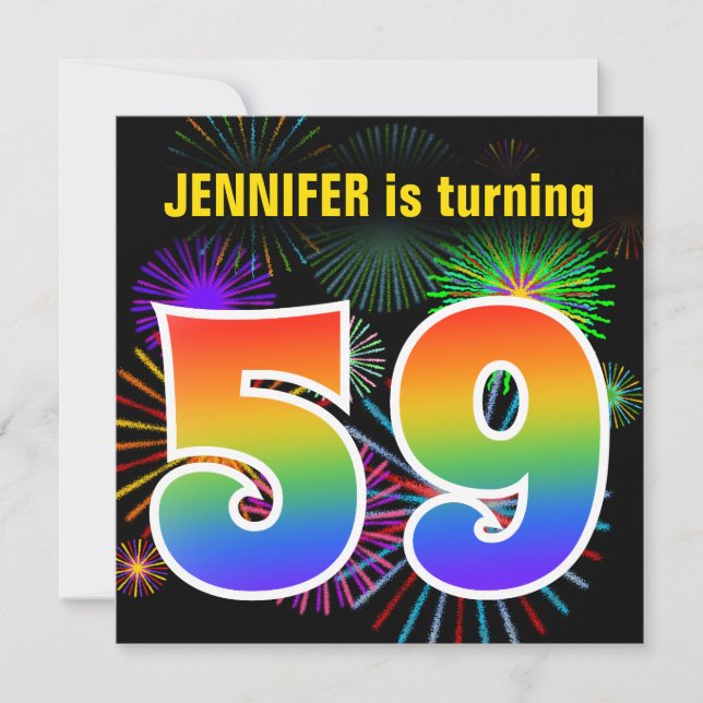 Fun Fireworks + Rainbow Pattern "59" Birthday # Invitation (Front)