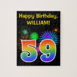 [ Thumbnail: Fun Fireworks + Rainbow Pattern "59" Birthday # Jigsaw Puzzle ]