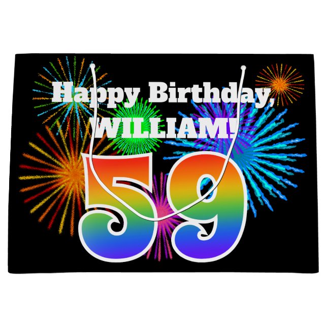 Fun Fireworks + Rainbow Pattern "59" Birthday # Large Gift Bag (Front)