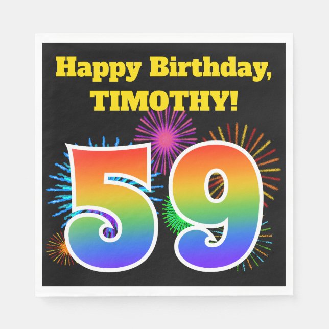Fun Fireworks + Rainbow Pattern "59" Birthday # Napkins (Front)