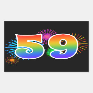 Fun Fireworks + Rainbow Pattern "59" Event Number Rectangular Sticker