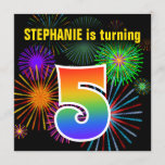 [ Thumbnail: Fun Fireworks + Rainbow Pattern "5" Birthday # Invitation ]
