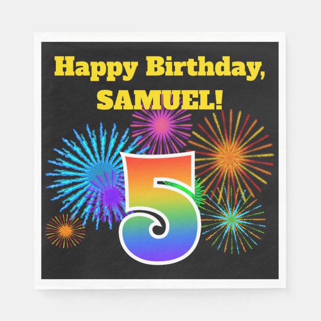Fun Fireworks + Rainbow Pattern "5" Birthday # Napkins (Front)