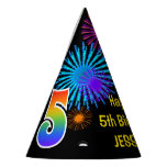 [ Thumbnail: Fun Fireworks + Rainbow Pattern "5" Birthday # Party Hat ]