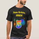 [ Thumbnail: Fun Fireworks + Rainbow Pattern "5" Birthday # T-Shirt ]