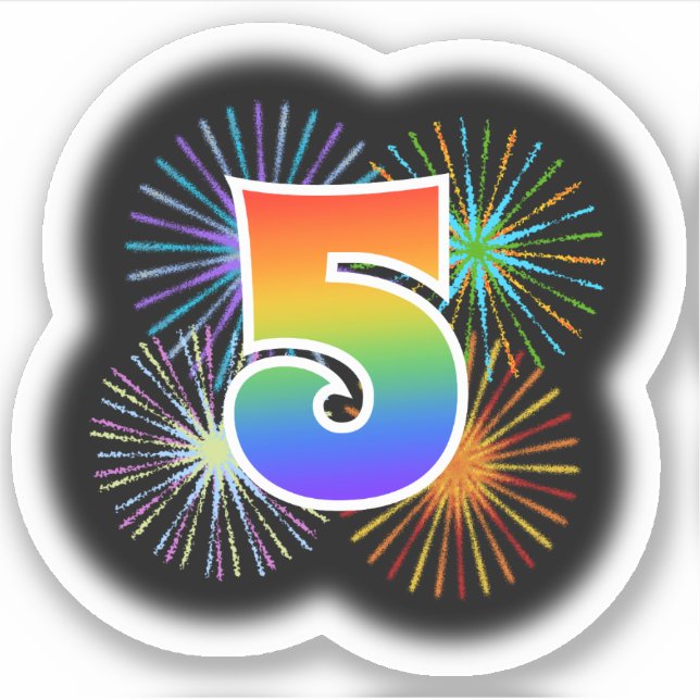 Fun Fireworks + Rainbow Pattern "5" Event # Sticker (Front)