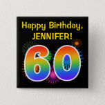 [ Thumbnail: Fun Fireworks + Rainbow Pattern "60" Birthday # Button ]