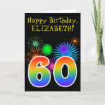 [ Thumbnail: Fun Fireworks + Rainbow Pattern "60" Birthday # Card ]