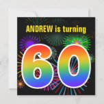 [ Thumbnail: Fun Fireworks + Rainbow Pattern "60" Birthday # Invitation ]
