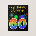 [ Thumbnail: Fun Fireworks + Rainbow Pattern "60" Birthday # Jigsaw Puzzle ]