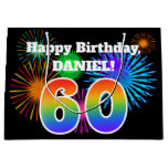 [ Thumbnail: Fun Fireworks + Rainbow Pattern "60" Birthday # Gift Bag ]