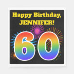 [ Thumbnail: Fun Fireworks + Rainbow Pattern "60" Birthday # Napkins ]