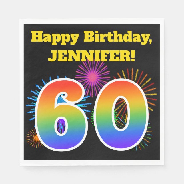 Fun Fireworks + Rainbow Pattern "60" Birthday # Napkins (Front)