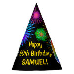 [ Thumbnail: Fun Fireworks + Rainbow Pattern "60" Birthday # Party Hat ]