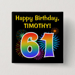Fun Fireworks + Rainbow Pattern "61" Birthday # Button