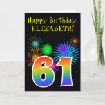 [ Thumbnail: Fun Fireworks + Rainbow Pattern "61" Birthday # Card ]
