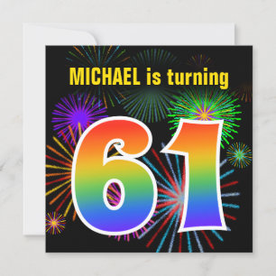 Fun Fireworks + Rainbow Pattern "61" Birthday # Invitation