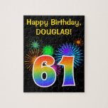 [ Thumbnail: Fun Fireworks + Rainbow Pattern "61" Birthday # Jigsaw Puzzle ]