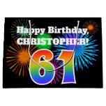 [ Thumbnail: Fun Fireworks + Rainbow Pattern "61" Birthday # Gift Bag ]