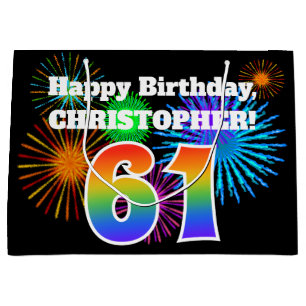 Fun Fireworks + Rainbow Pattern "61" Birthday # Large Gift Bag