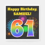 [ Thumbnail: Fun Fireworks + Rainbow Pattern "61" Birthday # Napkins ]