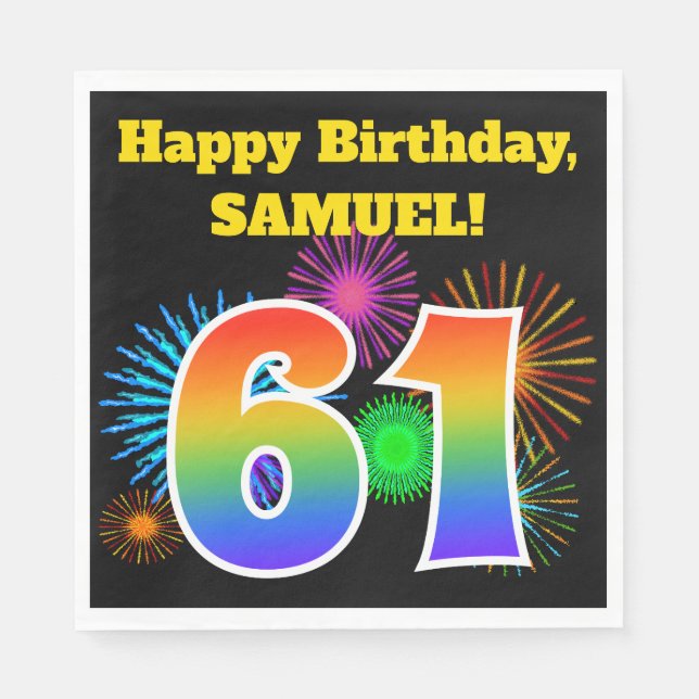 Fun Fireworks + Rainbow Pattern "61" Birthday # Napkins (Front)