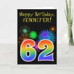 [ Thumbnail: Fun Fireworks + Rainbow Pattern "62" Birthday # Card ]