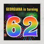 [ Thumbnail: Fun Fireworks + Rainbow Pattern "62" Birthday # Invitation ]