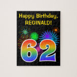 [ Thumbnail: Fun Fireworks + Rainbow Pattern "62" Birthday # Jigsaw Puzzle ]