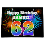 [ Thumbnail: Fun Fireworks + Rainbow Pattern "62" Birthday # Gift Bag ]
