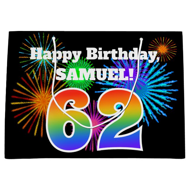Fun Fireworks + Rainbow Pattern "62" Birthday # Large Gift Bag (Front)