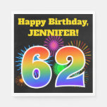 [ Thumbnail: Fun Fireworks + Rainbow Pattern "62" Birthday # Napkins ]