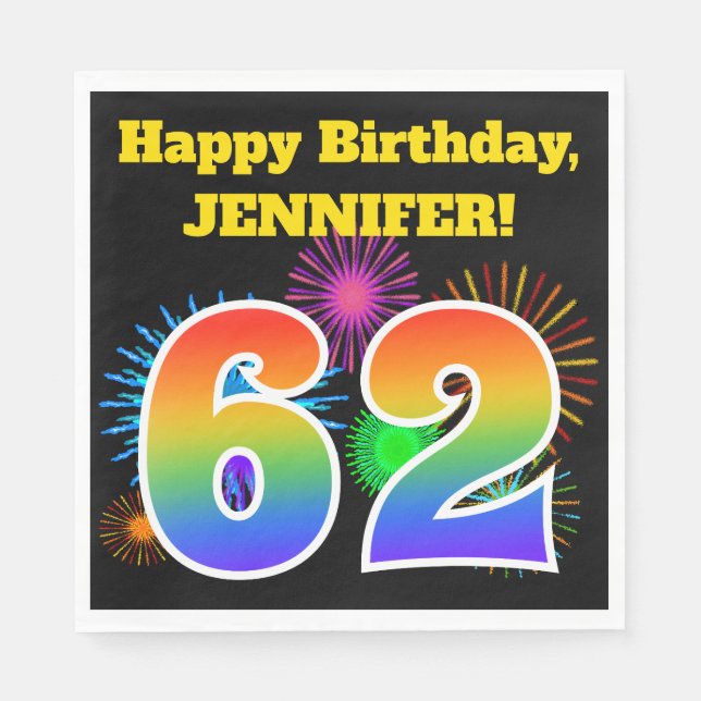 Fun Fireworks + Rainbow Pattern "62" Birthday # Napkins (Front)