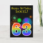[ Thumbnail: Fun Fireworks + Rainbow Pattern "63" Birthday # Card ]