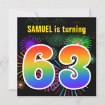 [ Thumbnail: Fun Fireworks + Rainbow Pattern "63" Birthday # Invitation ]