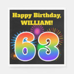 [ Thumbnail: Fun Fireworks + Rainbow Pattern "63" Birthday # Napkins ]