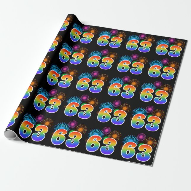 Fun Fireworks + Rainbow Pattern "63" Event Number Wrapping Paper (Unrolled)