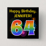 [ Thumbnail: Fun Fireworks + Rainbow Pattern "64" Birthday # Button ]