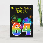 [ Thumbnail: Fun Fireworks + Rainbow Pattern "64" Birthday # Card ]