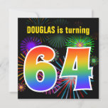 [ Thumbnail: Fun Fireworks + Rainbow Pattern "64" Birthday # Invitation ]