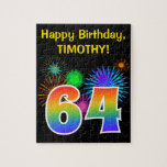 [ Thumbnail: Fun Fireworks + Rainbow Pattern "64" Birthday # Jigsaw Puzzle ]