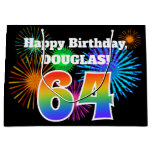 [ Thumbnail: Fun Fireworks + Rainbow Pattern "64" Birthday # Gift Bag ]