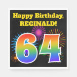 [ Thumbnail: Fun Fireworks + Rainbow Pattern "64" Birthday # Napkins ]