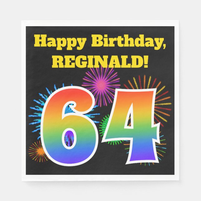 Fun Fireworks + Rainbow Pattern "64" Birthday # Napkins (Front)