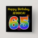 [ Thumbnail: Fun Fireworks + Rainbow Pattern "65" Birthday # Button ]