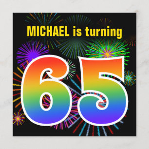 Fun Fireworks + Rainbow Pattern "65" Birthday # Invitation