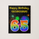 [ Thumbnail: Fun Fireworks + Rainbow Pattern "65" Birthday # Jigsaw Puzzle ]