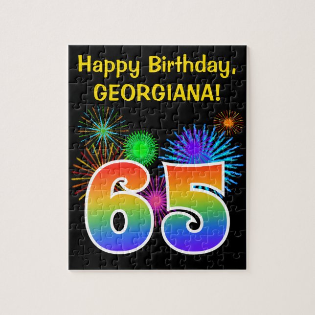 Fun Fireworks + Rainbow Pattern "65" Birthday # Jigsaw Puzzle (Vertical)