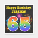 [ Thumbnail: Fun Fireworks + Rainbow Pattern "65" Birthday # Napkins ]