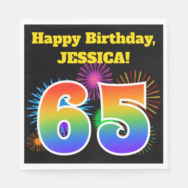 Fun Fireworks + Rainbow Pattern "65" Birthday # Napkins (Front)